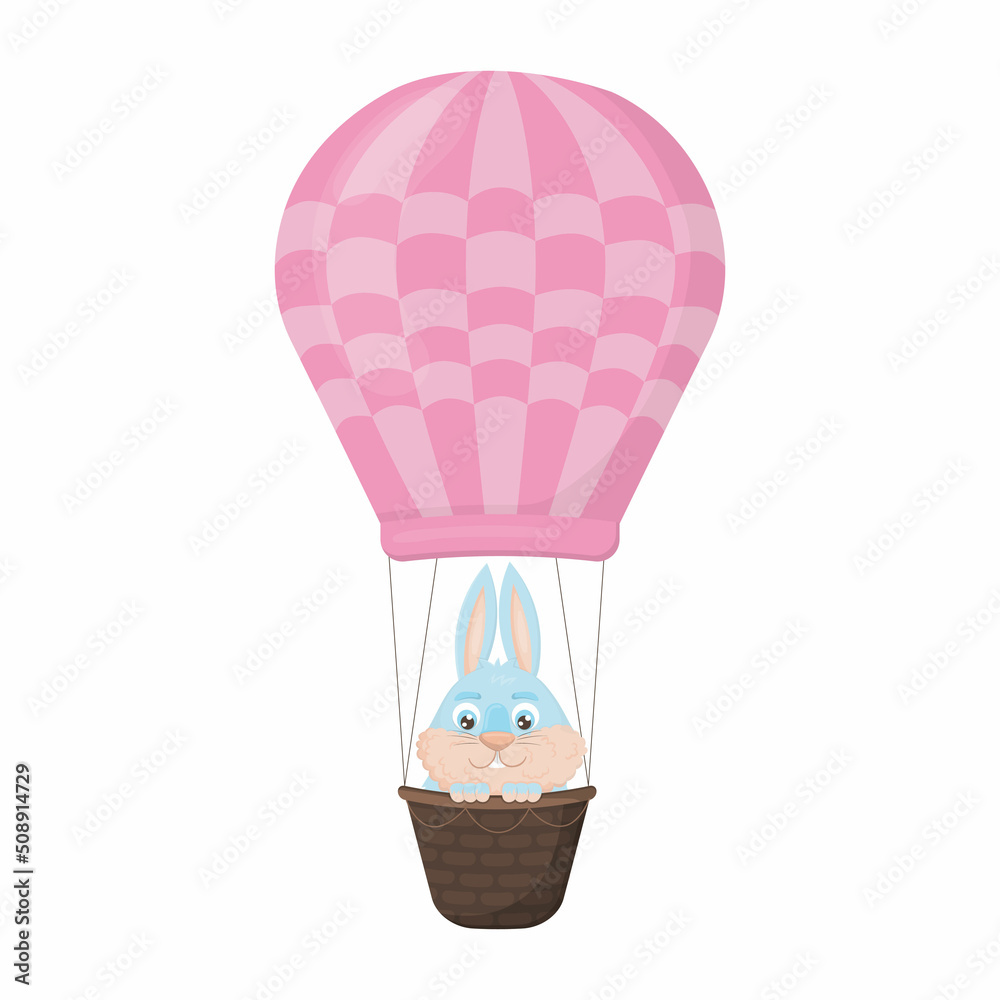 Fototapeta premium Cute blue hare enjoys a hot air balloon ride in a flat cartoon style
