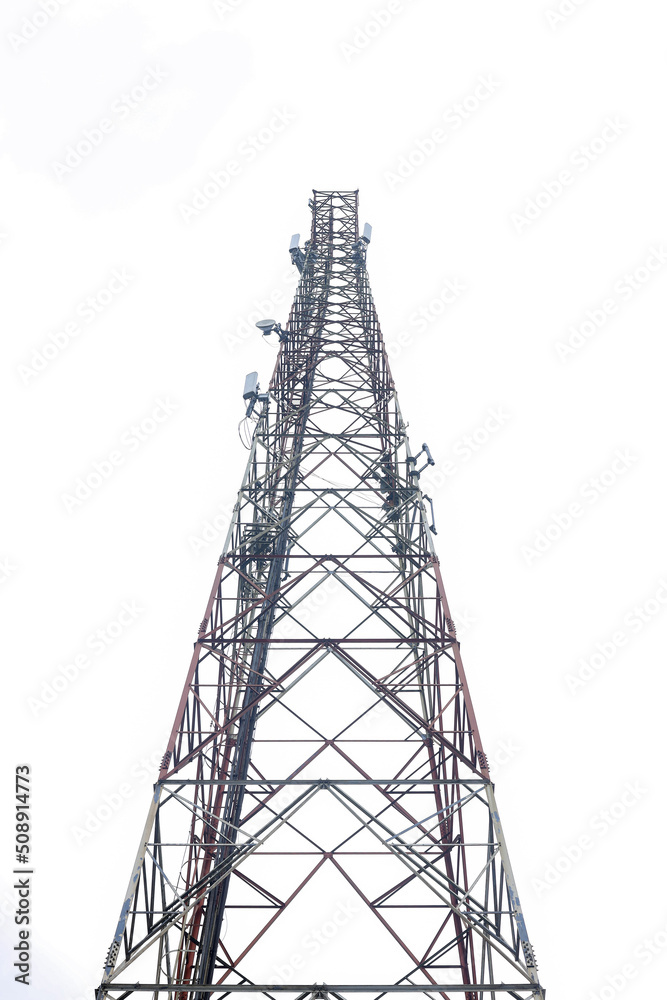 Satellite tower isolated on white cloud sky. Transmission Tower telephone and television signals. Radio communication tower. Satellite tower isolated on white cloud sky. Transmission Tower telephone and television signals. Radio communication tower.