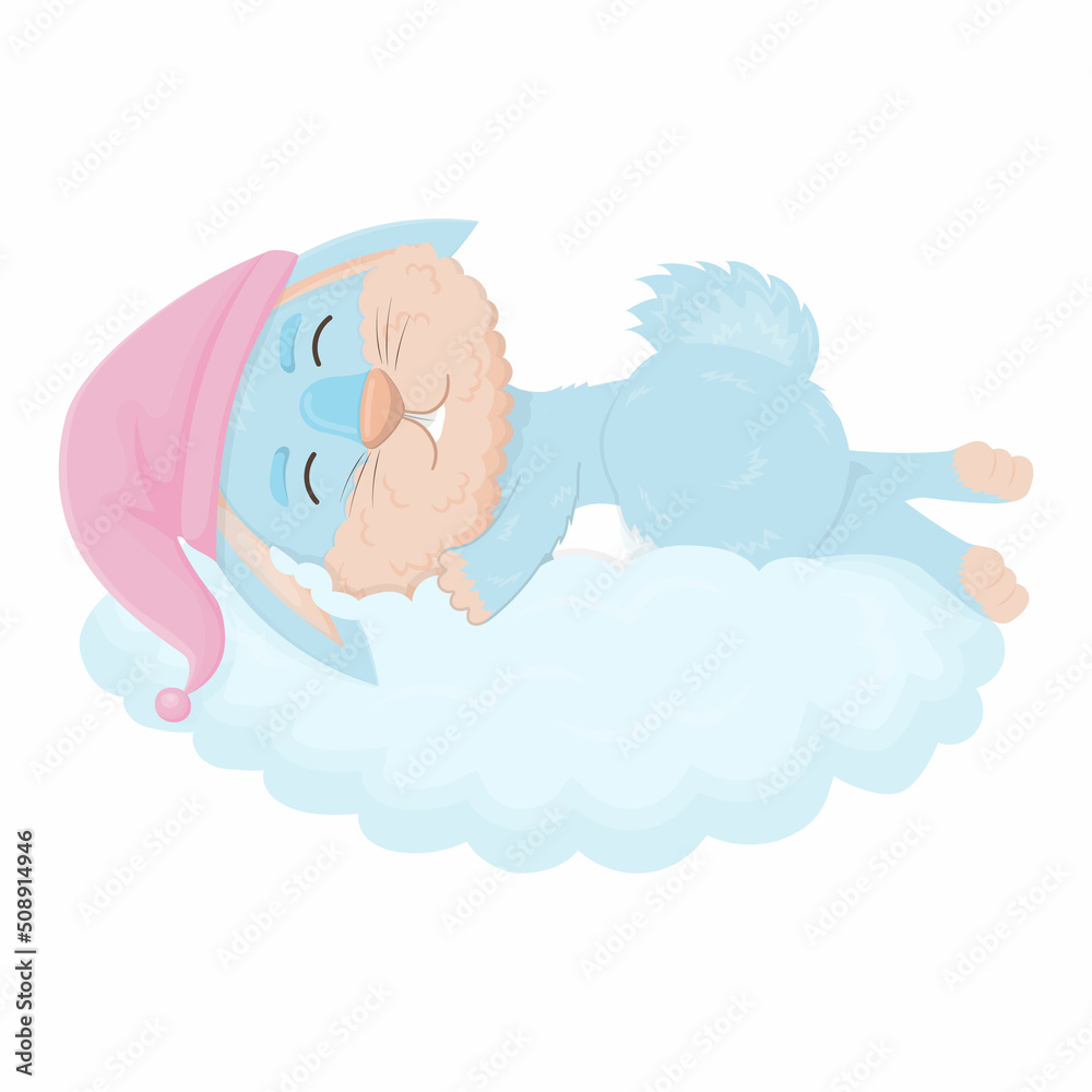 Fototapeta premium Cute blue hare sleeps on a cloud wearing a sleep cap in flat cartoon style
