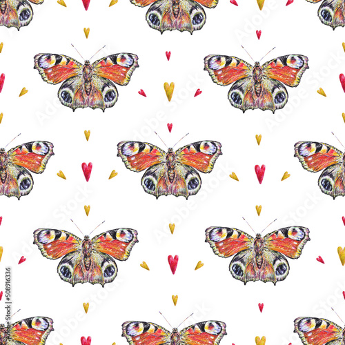 Peacock butterflies and hearts on a white background. Watercolor drawing. Insects art. Handwork. Seamless pattern for design.