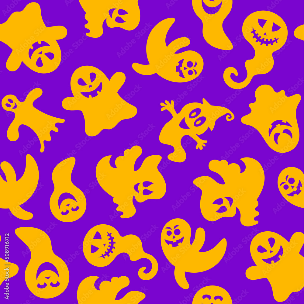 Seamless pattern of cute little cartoon ghosts on lilac background. Seamless vector pattern for Halloween design Seamless pattern of cute little cartoon ghosts on lilac background. Seamless vector pattern for Halloween design