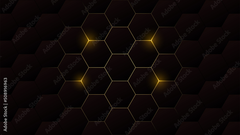 future hexagon wallpaper with gold line light. The simple shiny