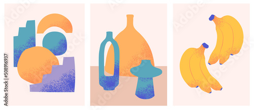 Abstract still life in pastel colors poster. Collection of contemporary art. Abstract paper cut elements, fruits for social media, postcards, print. Hand drawn peach.	