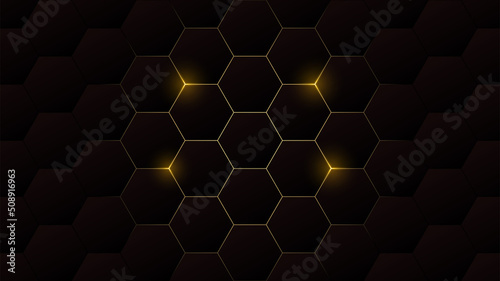 future hexagon wallpaper with gold line light. The simple shiny geometric wallpaper pattern design.