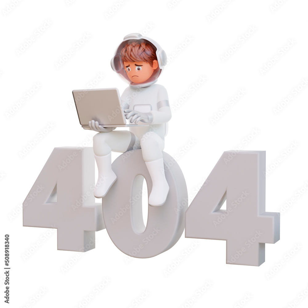 3d illustration astronaut holding laptop with 404 error 3d illustration astronaut holding laptop with 404 error