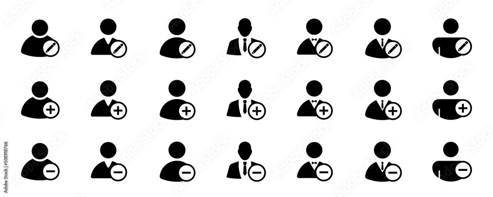 Add, remove and edit profile vector icons set. Web user or avatar icon. Admin vector silhouette. Add, remove and edit profile vector icons set. Web user or avatar icon. Admin vector silhouette.