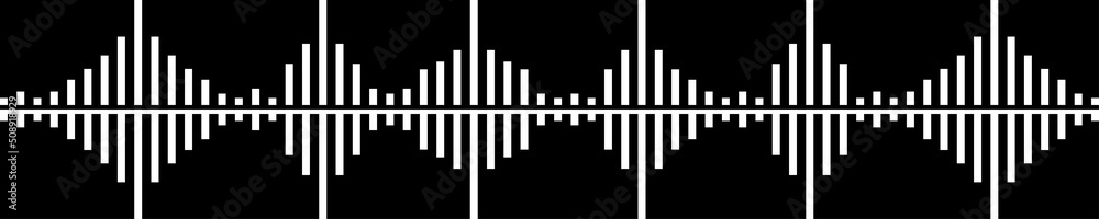 Sound wave on black background. Musical pulse. Sound rhythm. Audio waveform. Audio frequency. Vector pattern background.