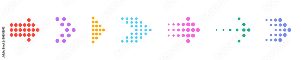 Set with dotted colorful arrows. Arrow signpost. Dotted arrow vector set. Vector icons. Set with dotted colorful arrows. Arrow signpost. Dotted arrow vector set. Vector icons.