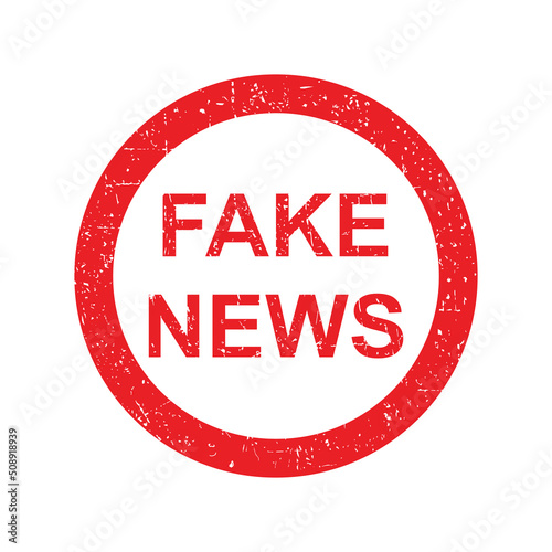 Red fake news stamp on white background. Grunge rubber badge. Counterfeit or wrong news. Warning - disinformation.