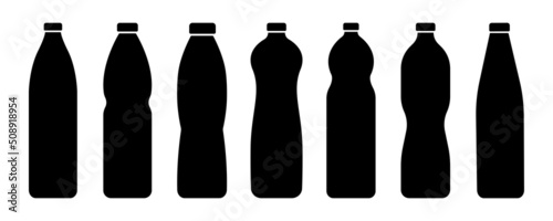 Set of plastic bottle on white background. Black silhouette of plastic bottle with cap for water, soda or juice. Vector icons. 