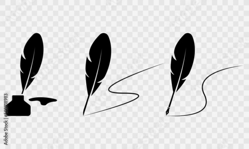 Feather pen and inkwell vector icons set. Old feather quill pen and inkstand. Write letter with vintage nib. 
