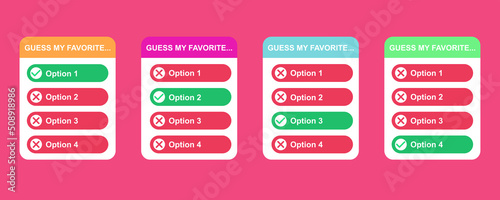 Quiz option guess my favorite. Social media quiz with answers. Test on social media. Vector mockup.