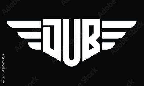 DUB three letter logo, creative wings shape logo design vector template. letter mark, wordmark, monogram symbol on black & white.