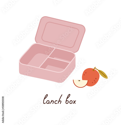 Zero waste reusable lunch box with apple and hand lettering. Hand-drawn reusable containers. Ecological lifestyle colored flat vector illustration isolated on white. 