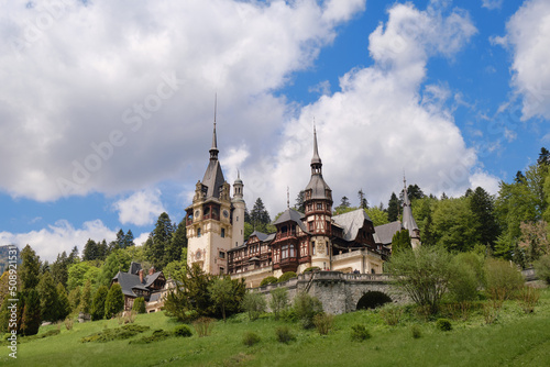 Peles castle in Sinaia, Romania, a popular sightseeing destination for tourism in the Carpathian Mountains. Architecture blend between Neo-Renaissance and Gothic Revival.