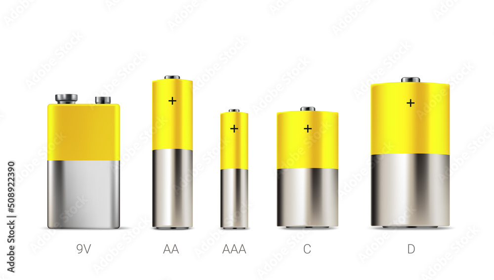 Different size realistic batteries set isolated on white background. 3d vector clipart Different size realistic batteries set isolated on white background. 3d vector clipart