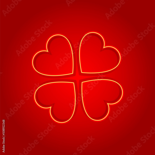 Golden four leaves clovers for Saint Patricks Day red blur radial background illustration. Clover icon, sign, symbol. Irish holiday Saint Patrick`s Day banner advertising.