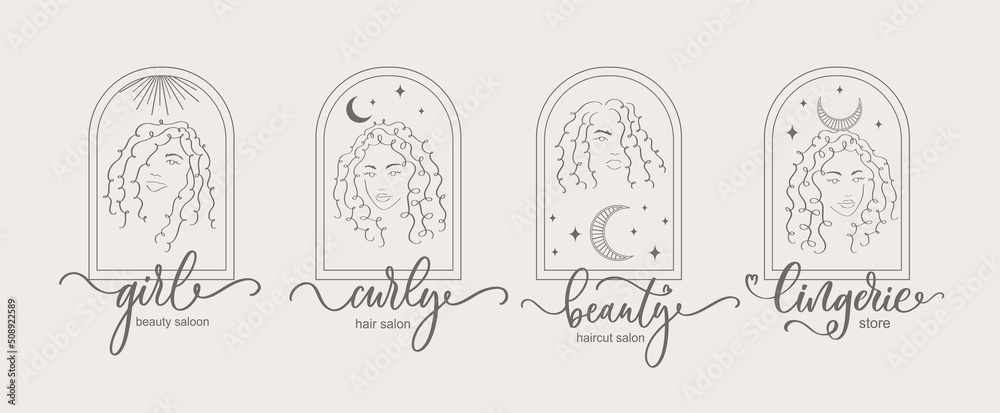 Logo design template and monogram concept in trendy linear style with curly girl in arch - frame with copy space for text or letter - emblem for store, salon, beauty and lingerie store.