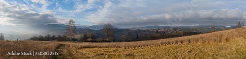 Last good weather days in autumn mountain countryside. Peaceful picturesque Ukrainian Carpathians mountains scene.