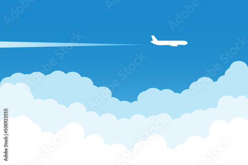 Airplane flying above clouds. Jet plane with exhaust white trail. Blue gradient and white plane silhouette. White and transparent clouds on the blue sky. jpg image