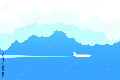Airplane flying above clouds. Jet plane with exhaust white trail. Blue gradient and white plane silhouette. White and transparent clouds on the blue sky.
