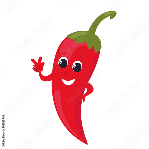Hot pepper smiles. The vegetable has a face, eyes, hands and is happy. Character design in cartoon style isolated on white background for kitchen textile.