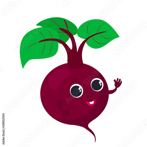 Beetroot character design. Vegetable with eyes, hands happy and smiling. Vegetable with leafy greens in cartoon style for icons or baby products or kitchen design.