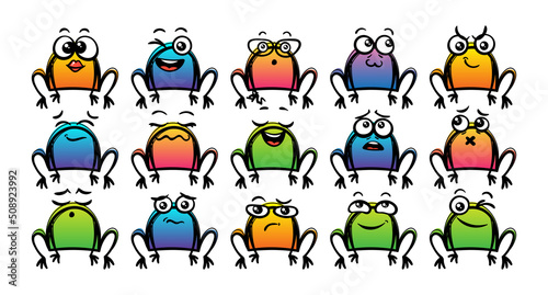 Various Cartoon Toads Set. Doodle faces, eyes and mouth. Caricature comic expressive emotions, smiling, crying and surprised character face expressions