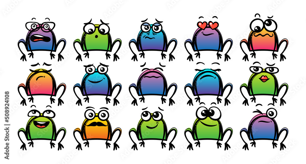 Various Cartoon Toads Set. Doodle faces, eyes and mouth. Caricature comic expressive emotions, smiling, crying and surprised character face expressions Various Cartoon Toads Set. Doodle faces, eyes and mouth. Caricature comic expressive emotions, smiling, crying and surprised character face expressions