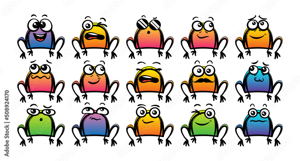 Obraz premium Various Cartoon Toads Set. Doodle faces, eyes and mouth. Caricature comic expressive emotions, smiling, crying and surprised character face expressions