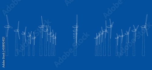 Wind turbines. Vector rendering of 3d