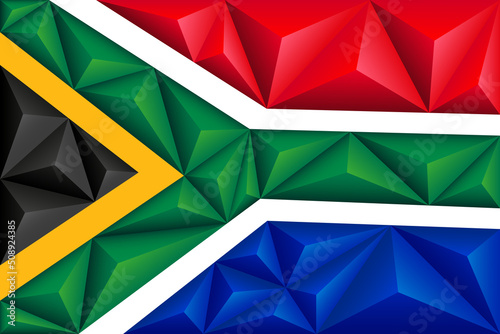 Abstract polygonal background in the form of colorful black, red, blue, green, white and yellow stripes of the South African flag. Polygonal flag of South Africa.