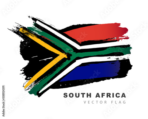 Flag of South Africa. Colored brush strokes drawn by hand. Vector illustration isolated on white background.