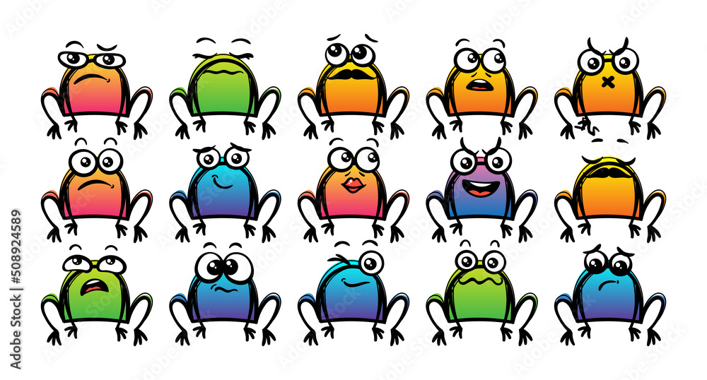 Various Cartoon Toads Set. Doodle faces, eyes and mouth. Caricature comic expressive emotions, smiling, crying and surprised character face expressions Various Cartoon Toads Set. Doodle faces, eyes and mouth. Caricature comic expressive emotions, smiling, crying and surprised character face expressions