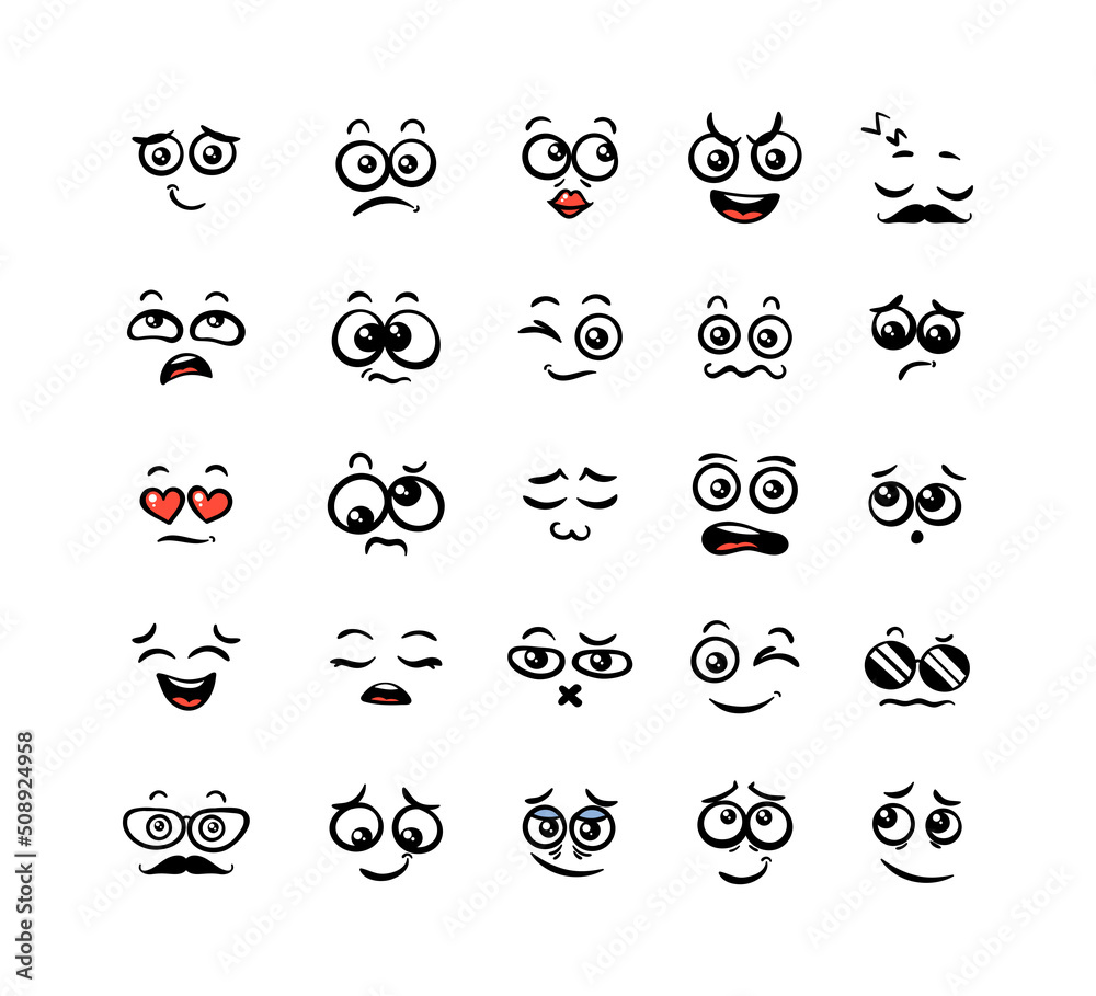Various Cartoon Emoticons Set. Doodle faces, eyes and mouth. Caricature ...