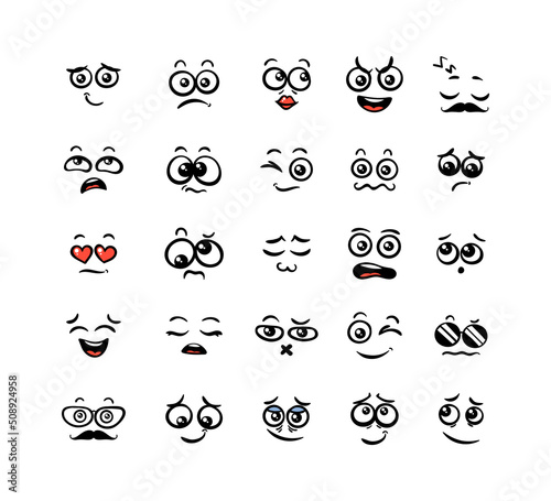 Various Cartoon Emoticons Set. Doodle faces, eyes and mouth. Caricature comic expressive emotions, smiling, crying and surprised character face expressions