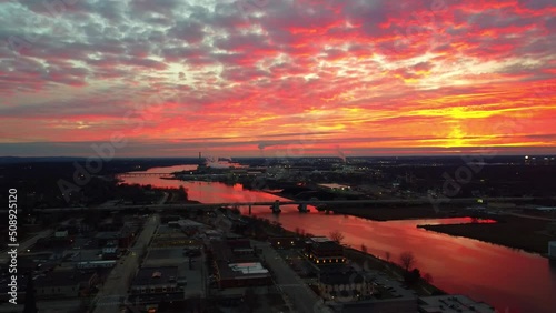 Sunset Over Green Bay, Wisconsin, Fox River, Downtown, Drone View