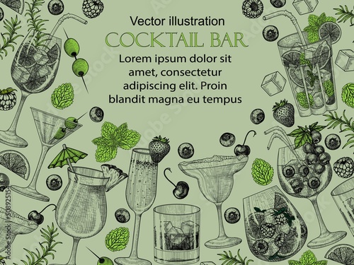 Vector banner template of cold drinks in glasses in engraving style. Graphic linear aperol sprit, mojito, strawberry champagne, berry cocktail, martini, iced whiskey, cherry margarita, pina colada