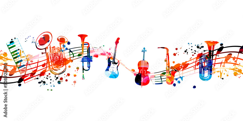 Colorful musical instruments bundle with musical notes isolated vector