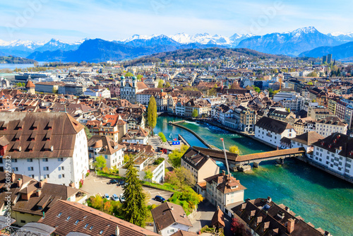 Fotografie, Obraz View of the Reuss river and old town of Lucerne (Luzern) city, Switzerland