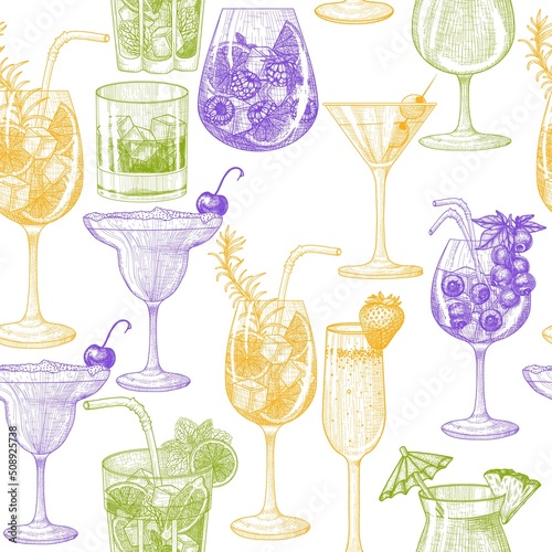 Seamless vector pattern of cold drinks in engraving style. Graphic linear aperol, mojito, strawberry champagne, berry cocktail, martini, iced whiskey, cherry margarita, pina colada