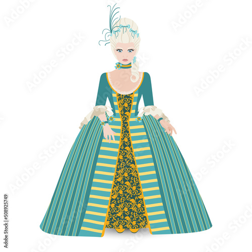 Women's historical costume of the 18th century. Woman in white high wig, chic morning dress on isolated background. Fashion vector illustration.