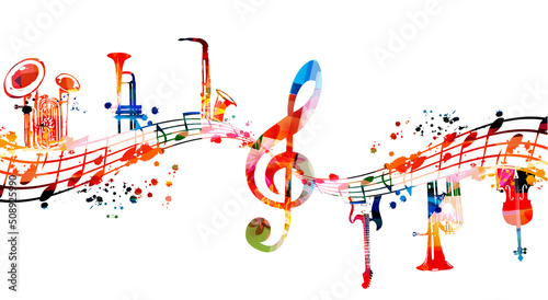  Colorful musical instruments bundle with musical notes and clef isolated vector illustration. Instruments collection poster for live concert events, music festivals, shows, performances, party flyer	