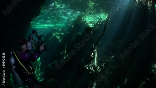 Wallpaper Mural Diver over muddy water halocline near tree roots and sudden change of water salinity in cenotes of underwater cave in Mexico. Divers during cave diving. Phenomenon of wildlife in underwater world. Torontodigital.ca