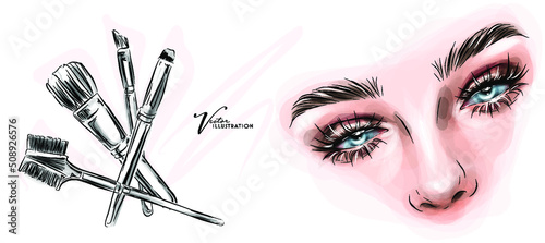 Vector watercolor hand drawn illustration of colorful women's eye and makeup brushes. 