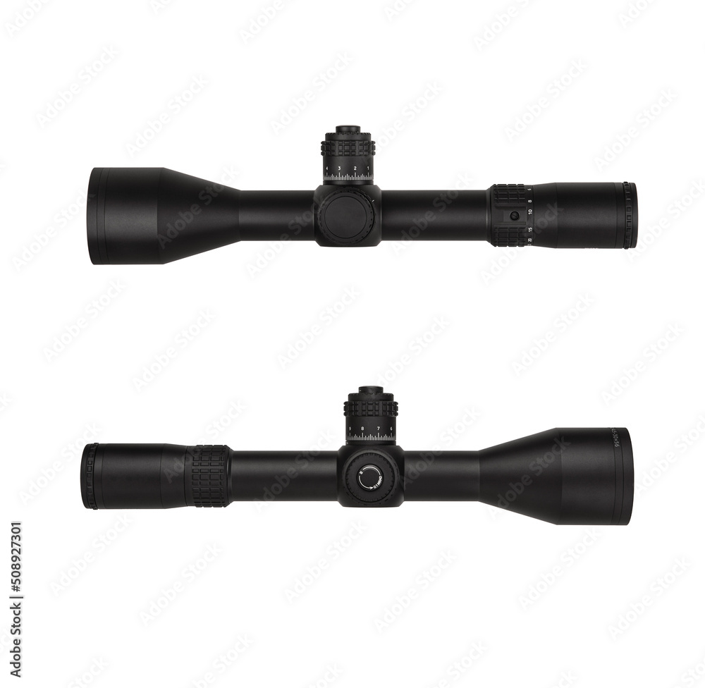 Modern sniper scope on a white back. Optical device for aiming and shooting at long distances. Modern sniper scope on a white back. Optical device for aiming and shooting at long distances.