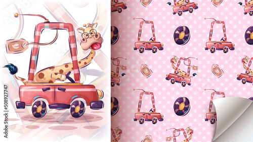 Giraffe travel in the car poster and merchandising