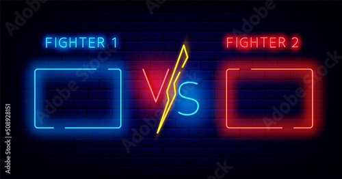 Versus battle neon banner with lightning icon. Rectangular frames for team names. Vector stock illustration