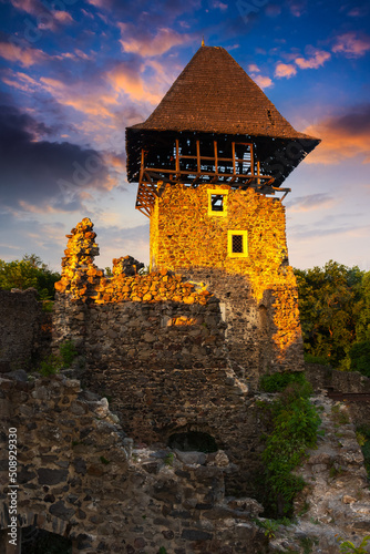 tower of the nevytske castle. ruins of ancient fortress in evening light. popular travel destination of ukraine photo