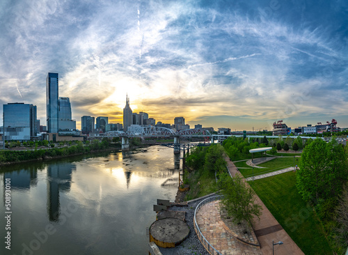 Nashville tennessee city skyline at sunset on the waterfrom